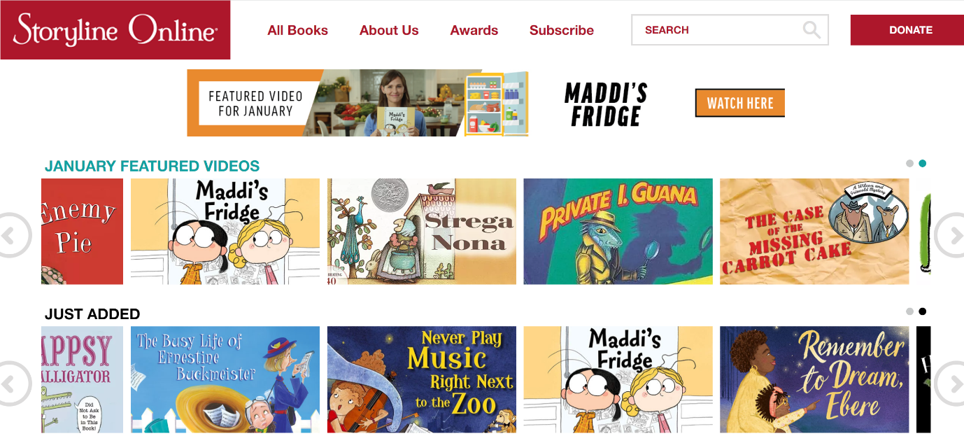 Storyline Online website homepage showing featured children's book videos including Maddi's Fridge, Strega Nona, and more.